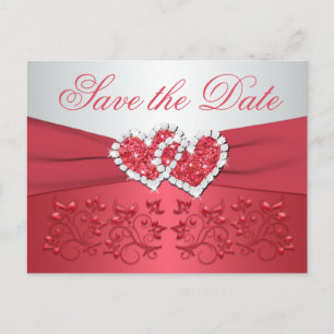 Carte Postale Faire-part Corail, Grey Floral Hearts Enregistrer la date Car