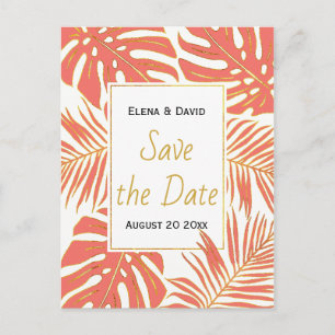 Carte Postale Faire-part Corail, or tropical mariage feuille Enregistrer la