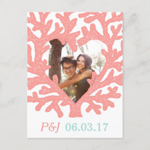 Carte Postale Faire-part Coral Heart Aqua Beach Wedding Sauvez les Dates
