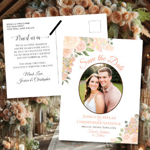 Carte Postale Faire-part Coral Peach Roses Oval Photo Wedding Enregistrer l