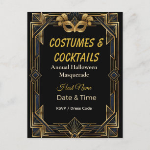 Carte Postale Faire-part Costumes et Cocktails Masquerade Art Déco Élégants