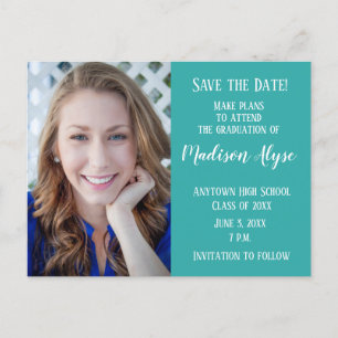 Carte Postale Faire-part Couleur sarcelle modifiable Photo Graduation Date 