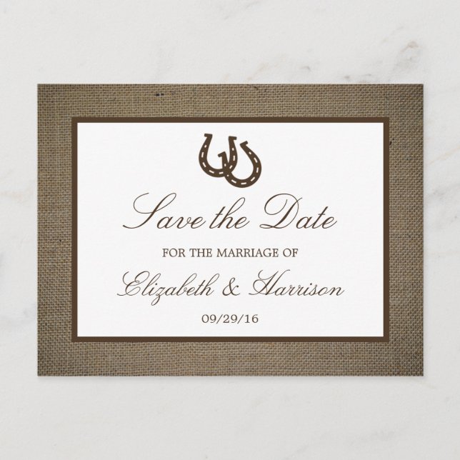 Carte Postale Faire-part Country Rustic Horseshoe Sur Burlap Enregistrer La (Devant)