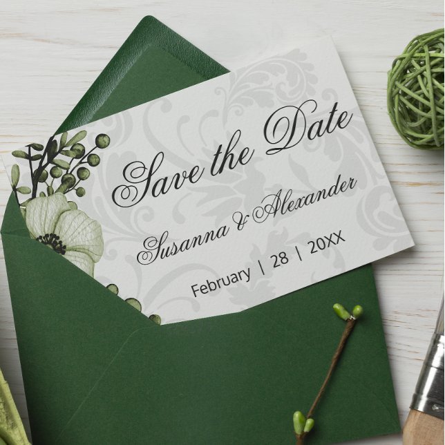 Carte Postale Faire-part Couronne bohème verte et carton de mariage damassé (Créateur téléchargé)