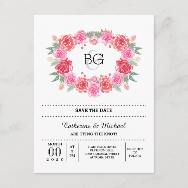 Carte Postale Faire-part Couronne d'aquarelle romantique rose (Devant)