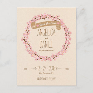 Carte Postale Faire-part Couronne de fleurs de cerisier Rustique Mariage