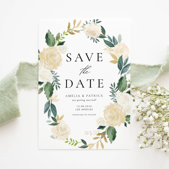 Carte Postale Faire-part Couronne de fleurs d'ivoire avec verdure Enregistr (Modern QR code save the date postcard with ivory flowers, greenery, and gold foil accents.)