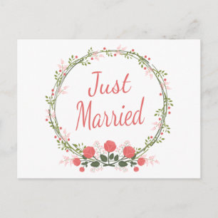 Carte Postale Faire-part Couronne de fleurs rose rouge mariage jeune mariée