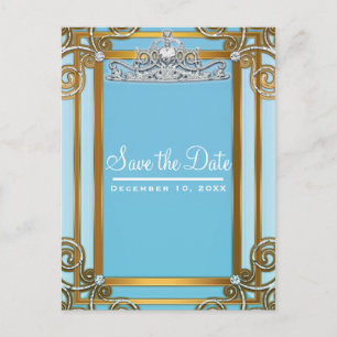 Carte Postale Faire-part Couronne de princesse bleue et or Save the Date