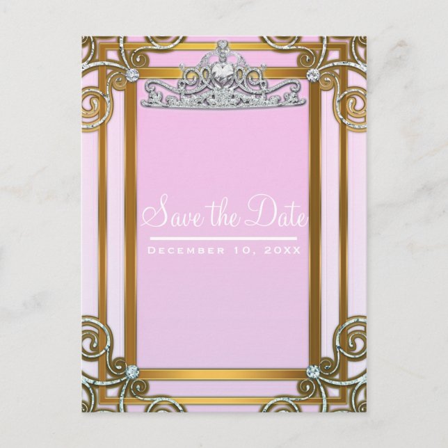 Carte Postale Faire-part Couronne de princesse rose et or pour Save the Dat (Devant)