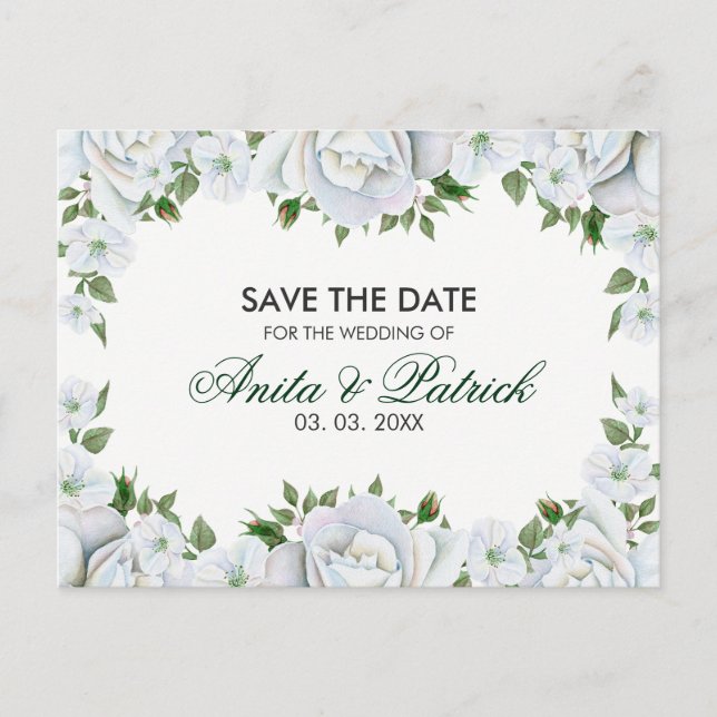 Carte Postale Faire-part Couronne de roses blanches (Devant)