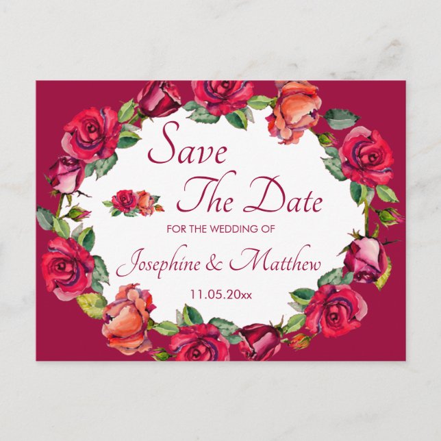 Carte Postale Faire-part Couronne de roses Pretty Monogram Save the Date (Devant)