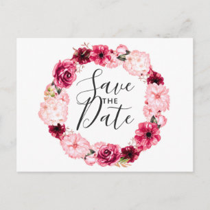Carte Postale Faire-part Couronne florale bordeaux et rose blush Save the D