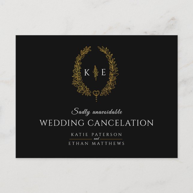 Carte Postale Faire-part Couronne monogramme mariage annulation noir or (Devant)