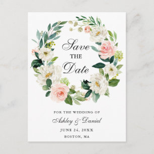 Carte Postale Faire-part Couronne rose blanche florale Enregistrer la date