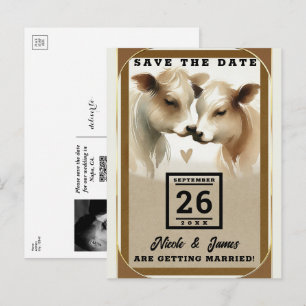 Carte Postale Faire-part Cow Love Brown Cream Mariage campagnard Enregistre