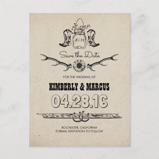 Carte Postale Faire-part Cowboy Boots Country Western Enregistrer la date (Devant)