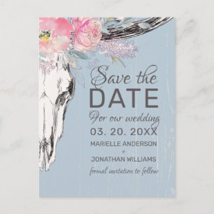Carte Postale Faire-part Crâne de vache rustique Boho Blush Floral Sauvez l