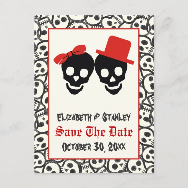 Carte Postale Faire-part Crânes Halloween rouge mariage noir Enregistrer la (Devant)