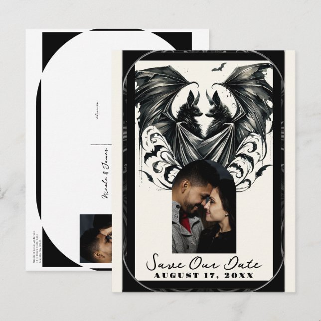Carte Postale Faire-part Crème noire argent gothique amour chauves-souris e (Devant / Derrière)