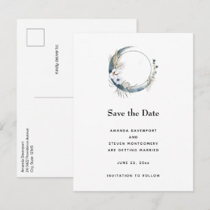 Carte Postale Faire-part Croissant de Lune Bleu avec Fleurs Blanches