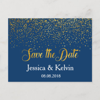 Carte Postale Faire-part Custom Navy Gold Foil Confetti Enregistrer la date