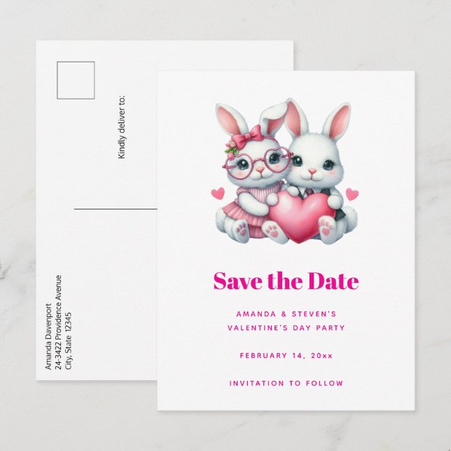 Carte Postale Faire-part Cute Bunnies Sharing a Heart Valentine's (Devant / Derrière)