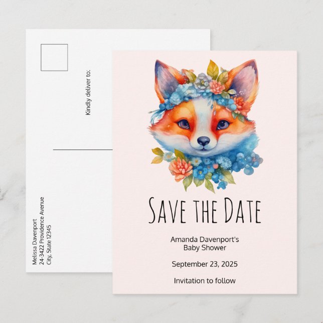 Carte Postale Faire-part Cute Renard orange avec Couronne florale (Devant / Derrière)