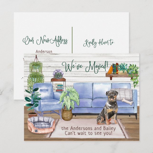 Carte Postale Faire-part Cute Rottweiler Cosy New Home Moving (Devant / Derrière)