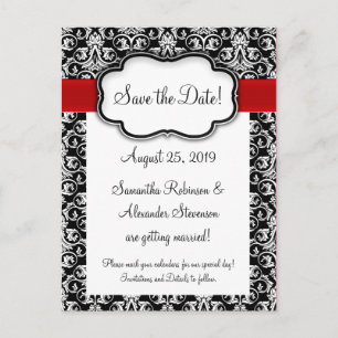 Carte Postale Faire-part Damas noir/blanc/rouge ruban Enregistrer la date