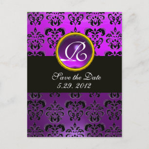 Carte Postale Faire-part DAMAS NOIR ET BLANC Monogramme Améthyste Violet
