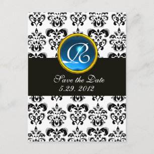 CARTE POSTALE FAIRE-PART DAMAS NOIR ET BLANC SAPHIR BLEU MONOGRAMME