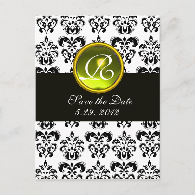 CARTE POSTALE FAIRE-PART DAMAS NOIR ET BLANC TOPAZE JAUNE MONOGRAMME (Devant)