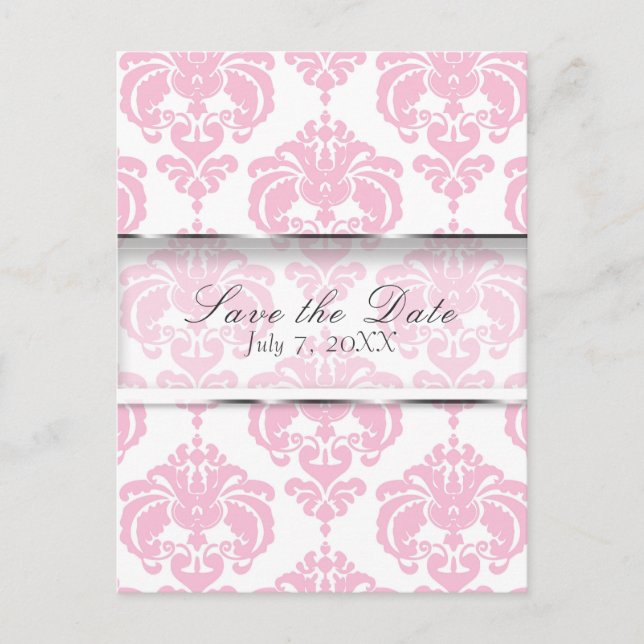 Carte Postale Faire-part Damas rose & blanc Chic Wedding Enregistrer la dat (Devant)