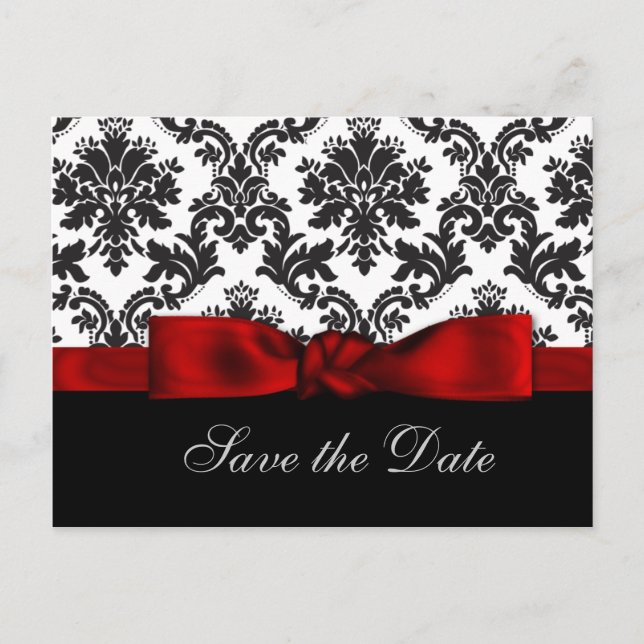 Carte Postale Faire-part damas rouge Enregistrer la date (Devant)