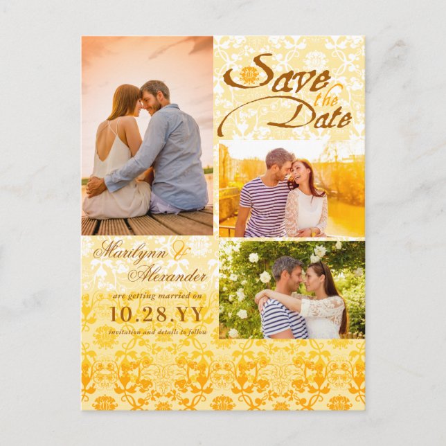 Carte Postale Faire-part Damask Lace Golden Yellow Photo Enregistrer la dat (Devant)