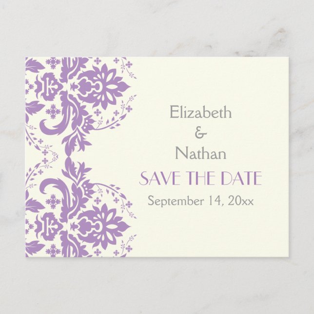 Carte Postale Faire-part Damask lavande, gris, mariage d'ivoire Enregistrer (Devant)