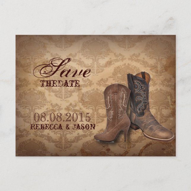 Carte Postale Faire-part damassé rustique mariage Western Cowboy sauvegarde (Devant)