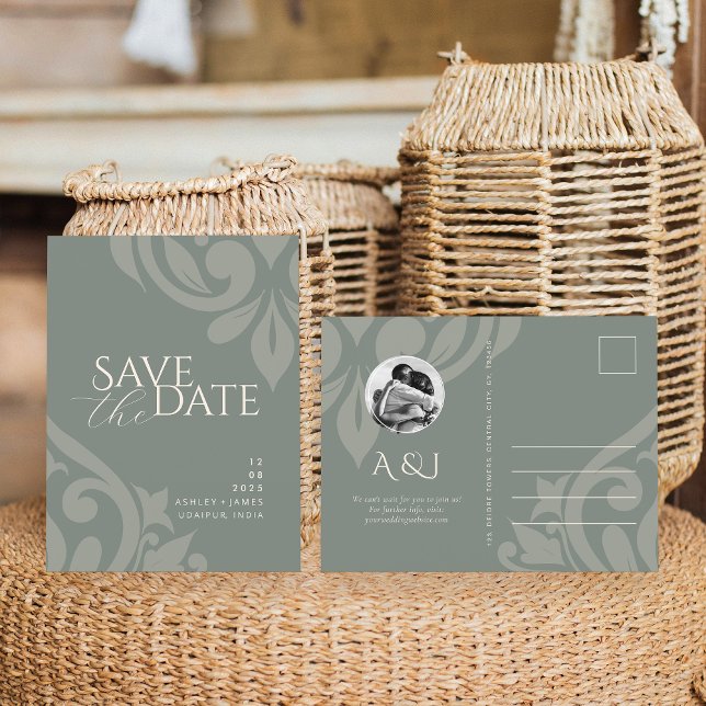 Carte Postale Faire-part Damassé Terreux Olive Photo Mariage Économisez la  (Créateur téléchargé)