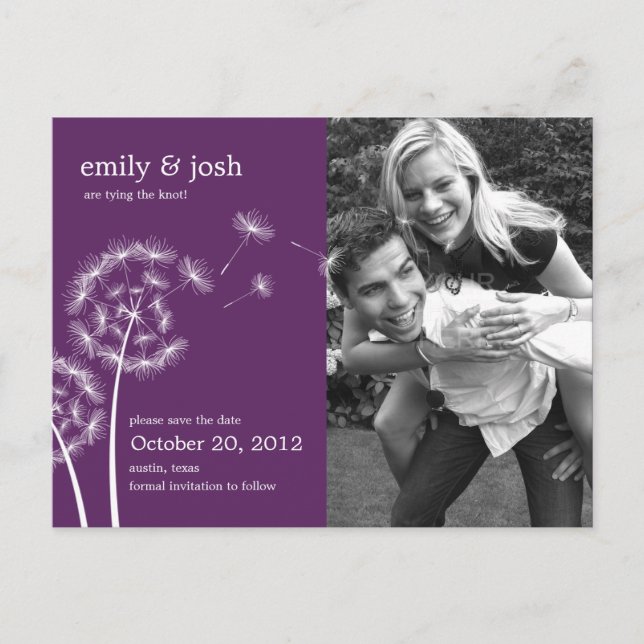 Carte Postale Faire-part Dandelion Wish Photo Enregistrer la Date (Violet) (Devant)