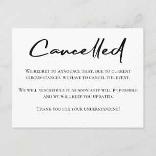 Carte Postale Faire-part d'annulation de l'événement en noir et 