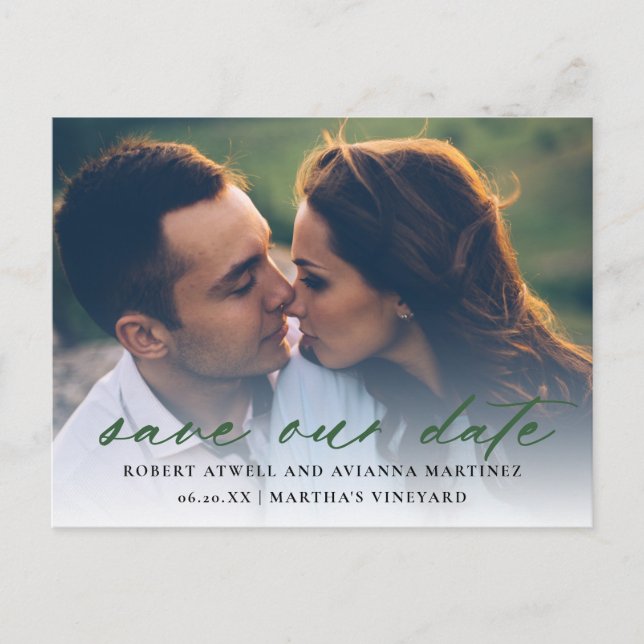 Carte Postale Faire-part Dark Green Text Photo Wedding Enregistrer la date (Devant)