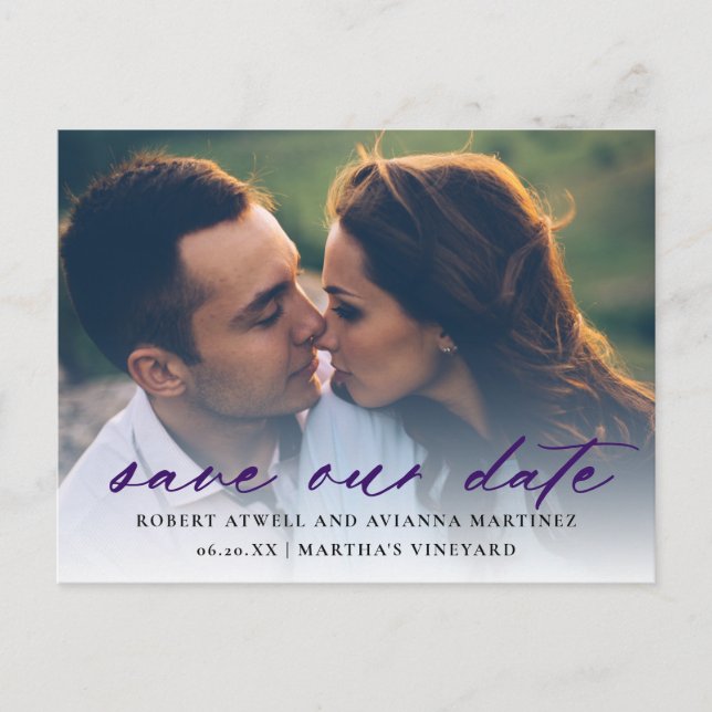Carte Postale Faire-part Dark Purple Text Photo Wedding Enregistrer la date (Devant)