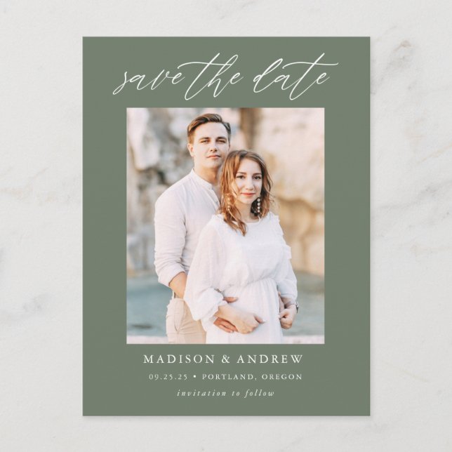 Carte Postale Faire-part Dark Sage Green Elegant Script Photo Enregistrer l (Devant)