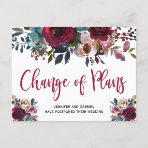Carte Postale Faire-part Date de mariage reportée Burgundy Navy Floral