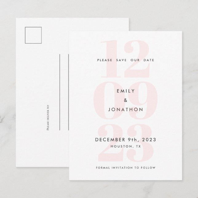 Carte Postale Faire-part Date Moderne Numérique Typographie Rose Enregistre (Devant / Derrière)