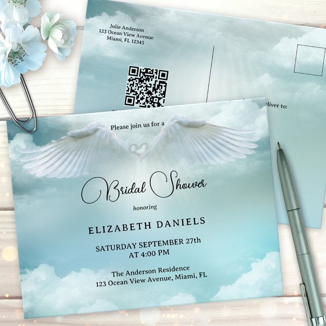Carte Postale Faire-part de Baby Shower Ange Bénédictions Célest (Bridal shower invitation postcard featuring a heavenly scene with dream clouds and angel wings)