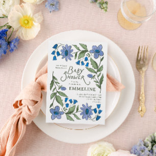 Carte Postale Faire-part de Baby Shower Floral Country Bleu et V
