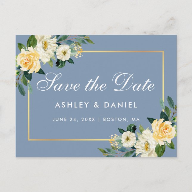 Carte Postale Faire-part de carton jaune floral aquarelle bleu p (Devant)