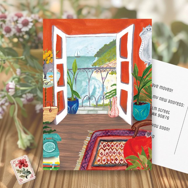 Carte Postale Faire-part de déménagement Adresse personnalisée a (MOVING ANNOUNCEMENT Custom New Address Watercolor Living Room Cute Postcard
)